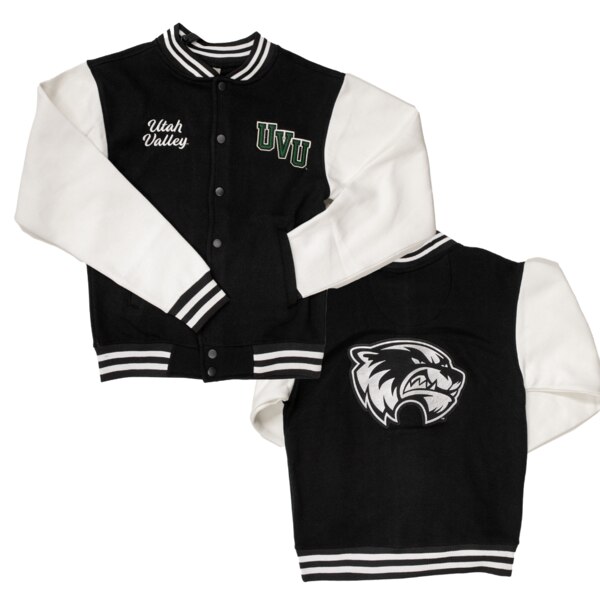 Dual picture of front and back of UVU varsity jacket. Front with embroidered "Utah Valley" in white, "UVU" in greaen, black, and white. Back of jacket with large Wolverine head in black and silver